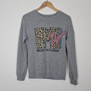 MTV Cheetah Logo Distressed Crewneck Pullover Sweater XS
